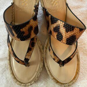 Vince Camuto Wedge Leather Leopard Print Thong Sandals 7.5